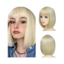 Peruca Sintética Curta Lisa Feminina Bob Preta Com Franja, Aparência Natural, Fibra Resistente Ao