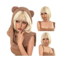 Peruca Sintética Curta Lisa Loiro Claro Com Franja Para Mulheres, Ideal Para Festas De Natal, Peruca Sintética Curta Lisa Loiro Claro Com Franja Para Mulheres, Ideal Para Festas De Natal,
