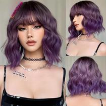 Peruca Sintética Encaracolada Cinza Roxo Ombre Curto Bob Com Franja Afro Onda Natural Resistente Ao