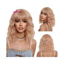 Peruca Sintética Encaracolada Cinza Roxo Ombre Curto Bob Com Franja Afro Onda Natural Resistente Ao