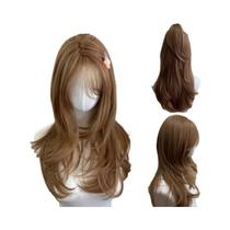 Peruca Sintética Feminina Castanho Claro Com Franja Francesa, Cabelo Rosa Mel, Simulação Modelo