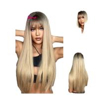Peruca Sintética Longa E Lisa Loiro Claro Feminina Branca Com Parte Central Cabelo Natural