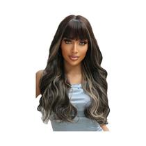 Peruca Sintética Longa E Ondulada Castanho Escuro Com Franja, Cabelo Com Ondas Naturais Para