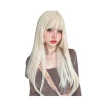 Peruca Sintética Longa Lisa De 26 Polegadas Em Loiro Platina Para Mulheres, Corte Hime, Cosplay,