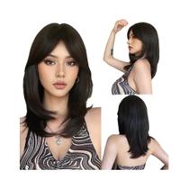 Peruca Sintética Longa Lisa Ombre Cinza Acinzentado Marrom Para Mulheres Com Franja Cortina, Look Peruca Sintética Longa Lisa Ombre Cinza Acinzentado Marrom Para Mulheres Com Franja Cortina, Look