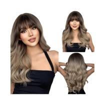 Peruca Sintética Longa Marrom Escura Onda De Água Para Mulheres Com Franja Resistente Ao Calor Uso