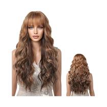 Peruca Sintética Longa Ondulada Marrom Escuro Com Franja, Cabelo Com Ondas Naturais Para Mulheres,