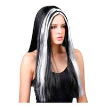 Peruca Sintética Mortiça Addams Preto Mecha Branca Fantasia