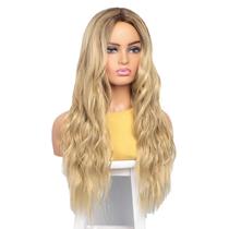 Peruca sintética natural ondulada loira 70cm com raízes escuras 280g Peruca sintética natural ondulada loira 70cm com raízes escuras 280g