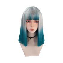 Peruca Sintética Ombre Cinza Azul De Comprimento Médio Para Mulheres Lolita Cosplay Com Franja Para