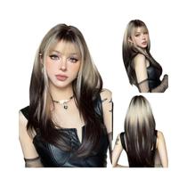 Peruca Sintética Ombre Roxa E Preta Com Camadas Retas E Franja, Comprimento Médio Para Mulheres,