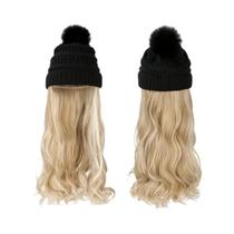 Peruca Sintética Ondulada De 20 Polegadas Com Touca De Malha E Pompom Design Quente Para O Inverno