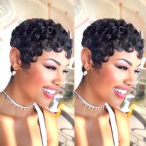 Peruca SisBrosis Short Curly Pixie Cut, cabelo humano para mulheres negras