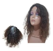 Peruca Topo De Cabeça Cabelo HumanO Cacheado Ombrê Micropele Castanho Ombrê Morena Iluminada 16x11cm