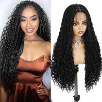 Peruca trançada de cabelo chique, caixa boho quadrada, sem nós, perucas trançadas com pontas encaracoladas, de renda dupla completa, sem cola, com cabelo de bebê, peruca trançada preta sintética para mulheres negras Peruca trançada de cabelo chique, caixa boho quadrada, sem nós, perucas trançadas com pontas encaracoladas, de renda dupla completa, sem cola, com cabelo de bebê, peruca trançada preta sintética para mulheres negras