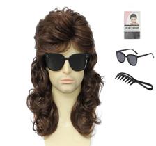Peruca Traqur Mullet para homens, estilo anos 80, fibra sintética, marrom