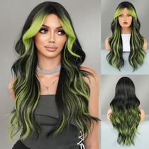 Peruca TRUMOST preta verde ombre longa ondulada sintética 66 cm para mulher