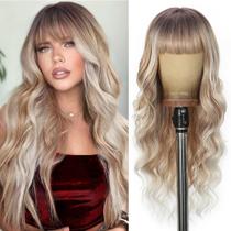 Peruca UNNYMGER Ombre Blonde longa encaracolada com franja de 66 cm para mulheres