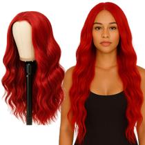 Peruca Vermelha Natural Ondulada sem Franja + Wig Cap