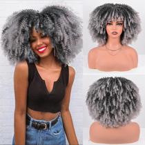 Peruca vitoriana curta encaracolada afro com franja 30cm cinza ombre
