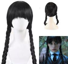 Peruca Wandinha C/ Franja Fantasia Halloween Dia Das Bruxas