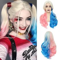 Peruca WECAN rosa e azul de fibras sintéticas longas encaracoladas Harley Quinn