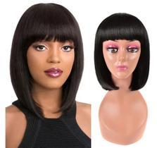 Peruca Wig 100% Orgânica Pode Pranchar Super Natural Lisa Com Franja Reta Preta