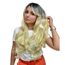 Peruca Wig 100% Orgânica Pode Pranchar Super Natural Ondulada Com Franja Ombre Loira