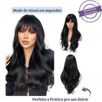 Peruca Wig 100% Orgânica Pode Pranchar Super Natural Ondulada Com Franja Preta