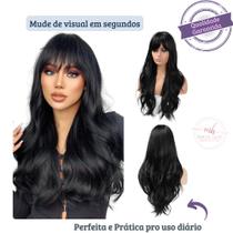 Peruca Wig 100% Orgânica Pode Pranchar Super Natural Ondulada Com Franja Preta