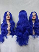 Peruca wig azul ondulada lisa azul claro curta longa franja