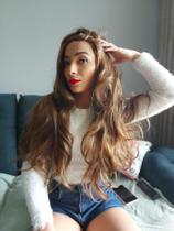 Peruca, wig, castanho claro, castanho, ondulada, 80cm, premium