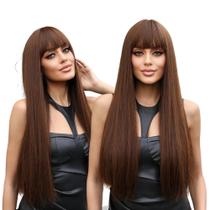 Peruca Wig Castanho Natural 65cm Orgânica Lisa com Franja