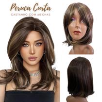 Peruca Wig Curta Corte Moderno Castanho com Mechas Com franja Peruca Wig Curta Corte Moderno Castanho com Mechas Com franja