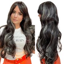 Peruca Wig Lace Ondulada Fibra Orgânica 70cm Com Mechas Platinada