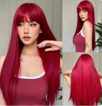 Peruca Wig Longa Lisa Com Franja Vermelha - wig