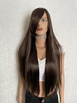 Peruca wig morena iluminada castanho preta lisa 80cm premium natural franja