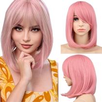 Peruca Wig Orgânica Curta Lisa Com Franja Rosa Bebe