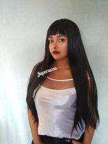 Peruca, wig, preta, lisa, 75cm, fibra orgânica, franja reta