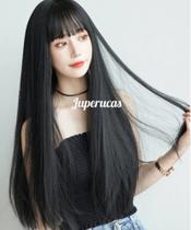 Peruca, wig, preta, lisa, 75cm, franja reta oriental, fibra premium