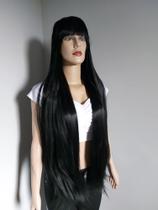 Peruca, wig, preta, lisa, franja, fibra premium, 1 metro