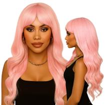 Peruca Wig Rosa Com Ondas Naturais e Franja Orgânica + Cap Brinde Peruca Wig Rosa Com Ondas Naturais e Franja Orgânica + Cap Brinde