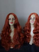 Peruca, wig, ruiva, ondulada, fibra premium, 75cm