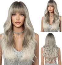 Peruca wig tradicional loira platinada ondulada franja longa