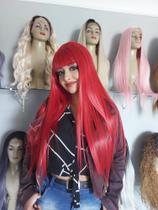Peruca, wig, vermelha, lisa, 75cm, fibra premium americana, franja reta