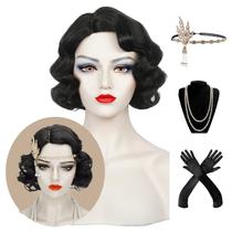 Peruca Wiggy Mermaid Finger Wave preta dos anos 1920 Vintage Flapper
