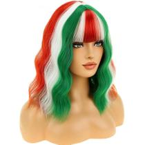 Peruca WTHCOS curta vermelha branca verde bandeira do México para mulheres Peruca WTHCOS curta vermelha branca verde bandeira do México para mulheres