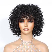 Peruca YOKABOOM preta curta afro encaracolada de 15 cm com franja sintética