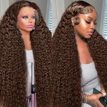 Perucas frontais de renda BJVT Chocolate Brown Deep Wave 32"