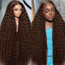 Perucas frontais de renda BJVT Chocolate Brown Deep Wave 34"